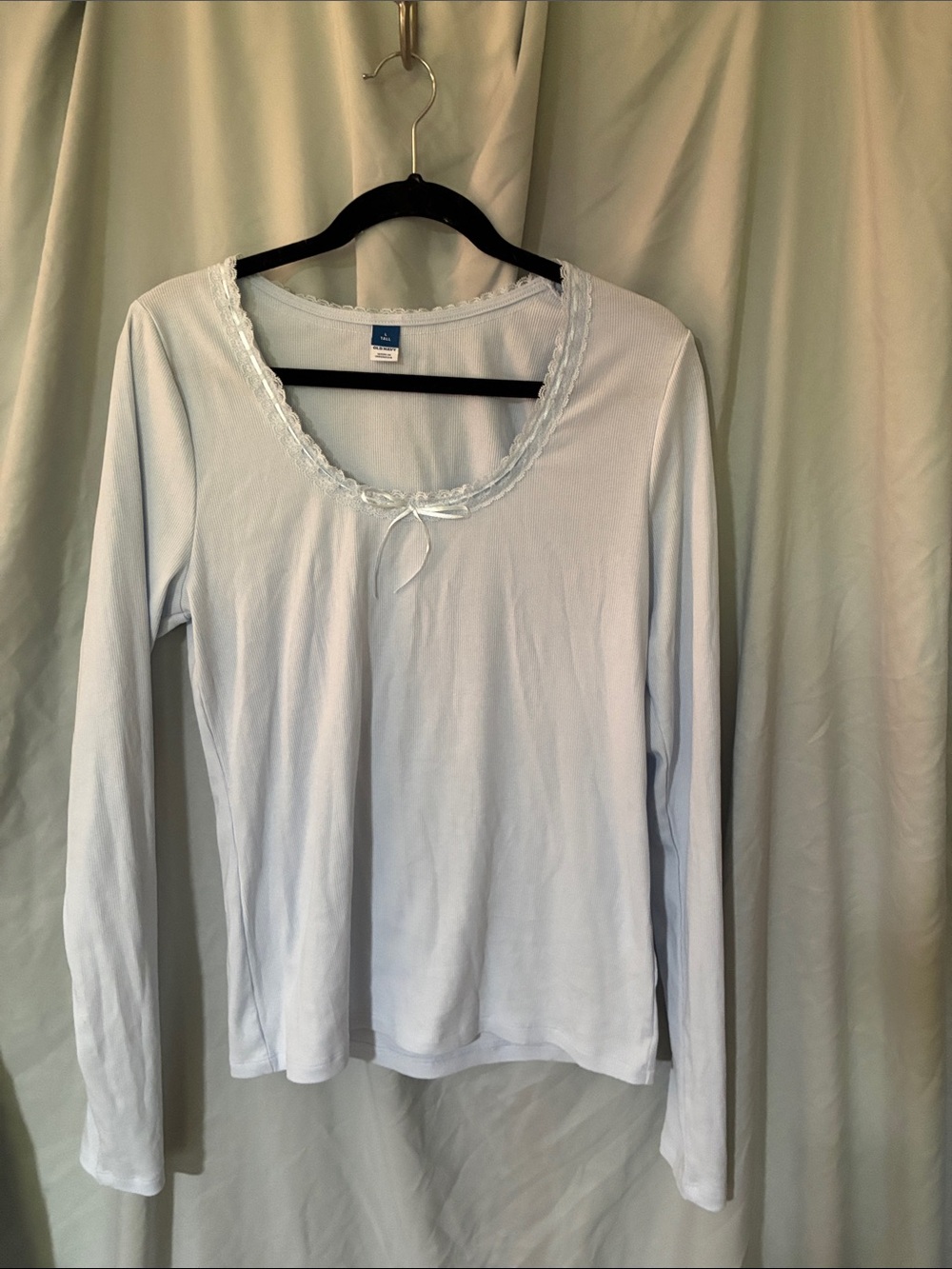 Ok Navy Women's Pale Blue Long Sleeve Scoop Neck Top with Lace Trim